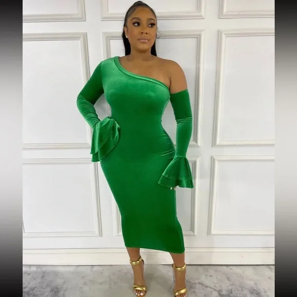 Hot & Delicious | Dresses | Green Women Velvet Long Maxi Dress Long Sleeves  Cut Half Side Party Wear | Poshmark